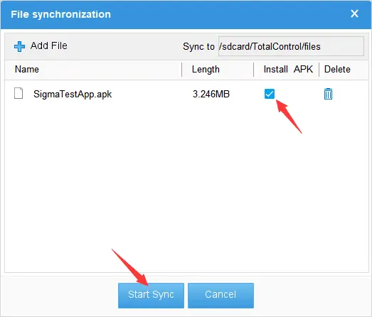 Total Control APK list with Install APK selected and the Start Sync button
