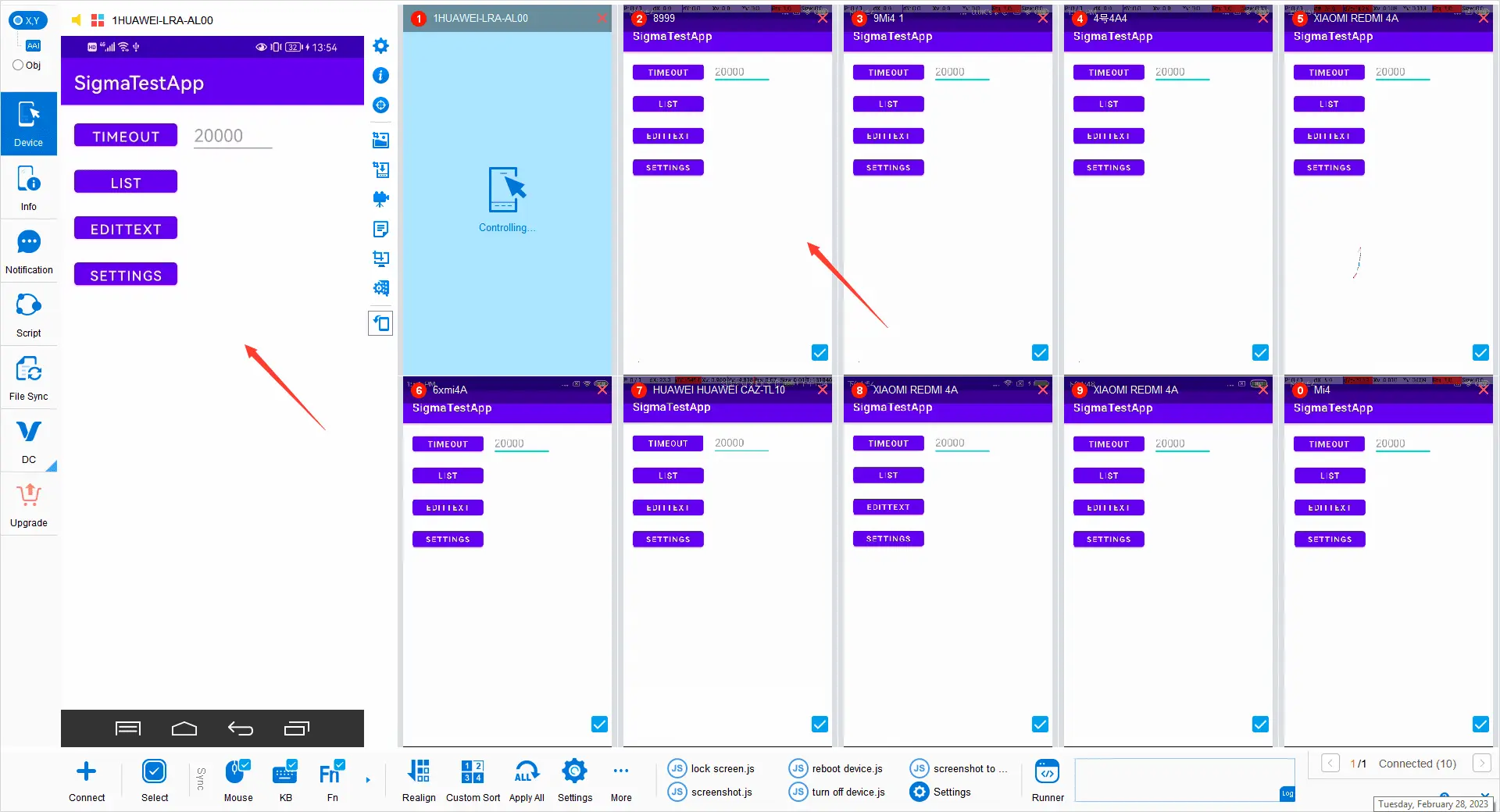 Total Control MDCC showing the main Android device on the left and multiple device screens on the right