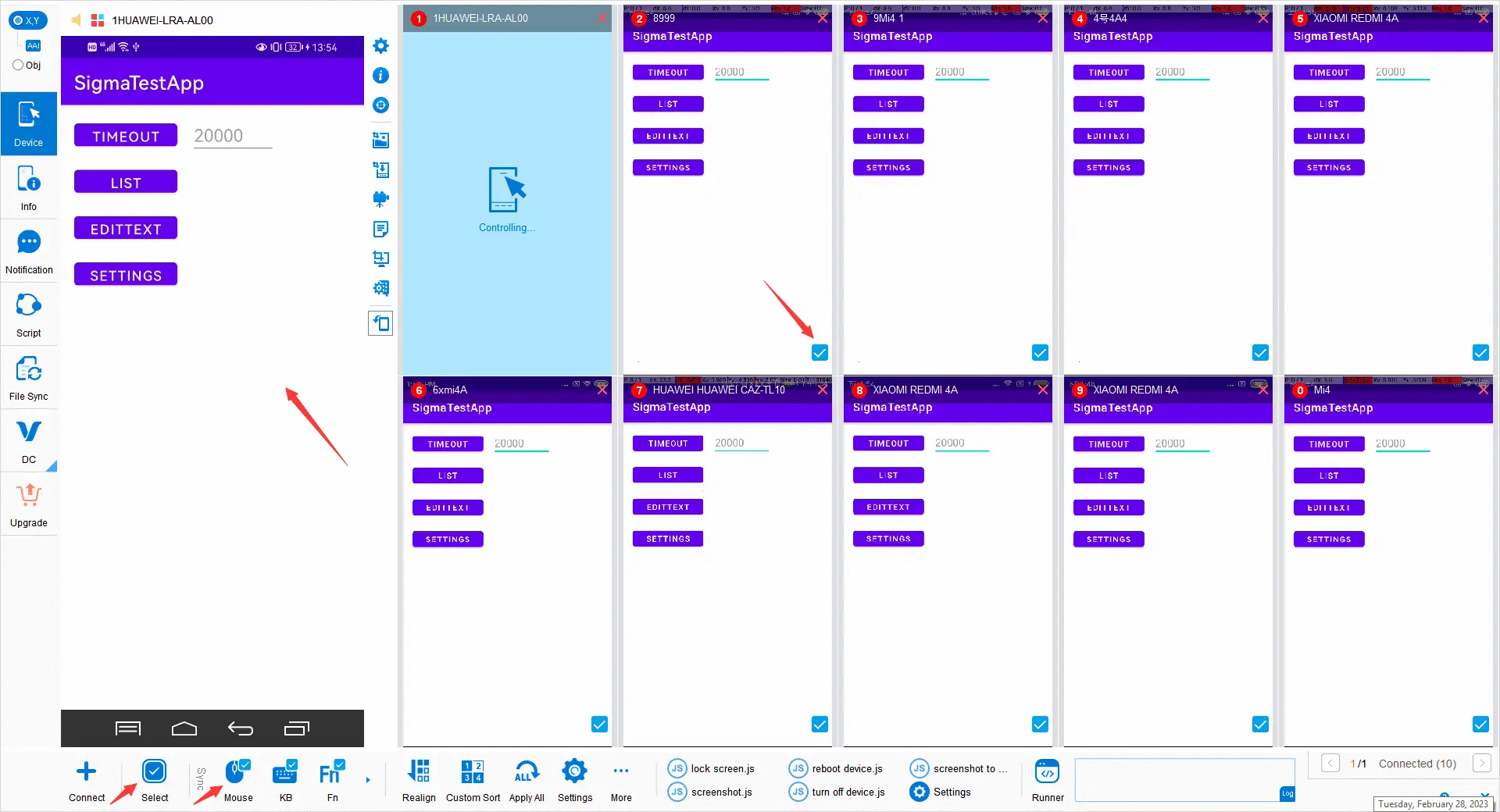 Selecting target Android phones in Total Control MDCC before a batch APK installation