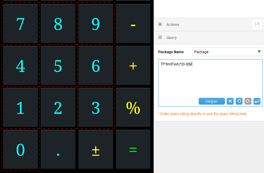 UI Explorer with TP:findText,/^[0-9]$/. Only the digit keys are outlined.