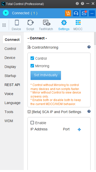 Total Control System Settings
