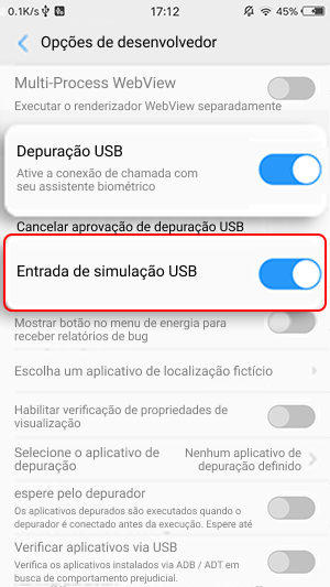 Não é possível abrir as opções do desenvolvedor e cliques analógicos USB