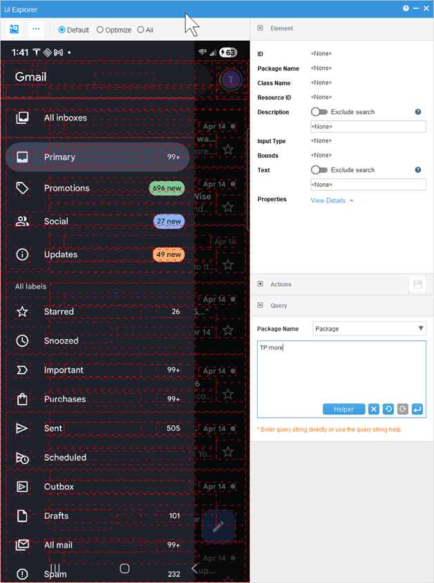 在 UI Explorer 中使用 TP:more 查看已打开的抽屉。
