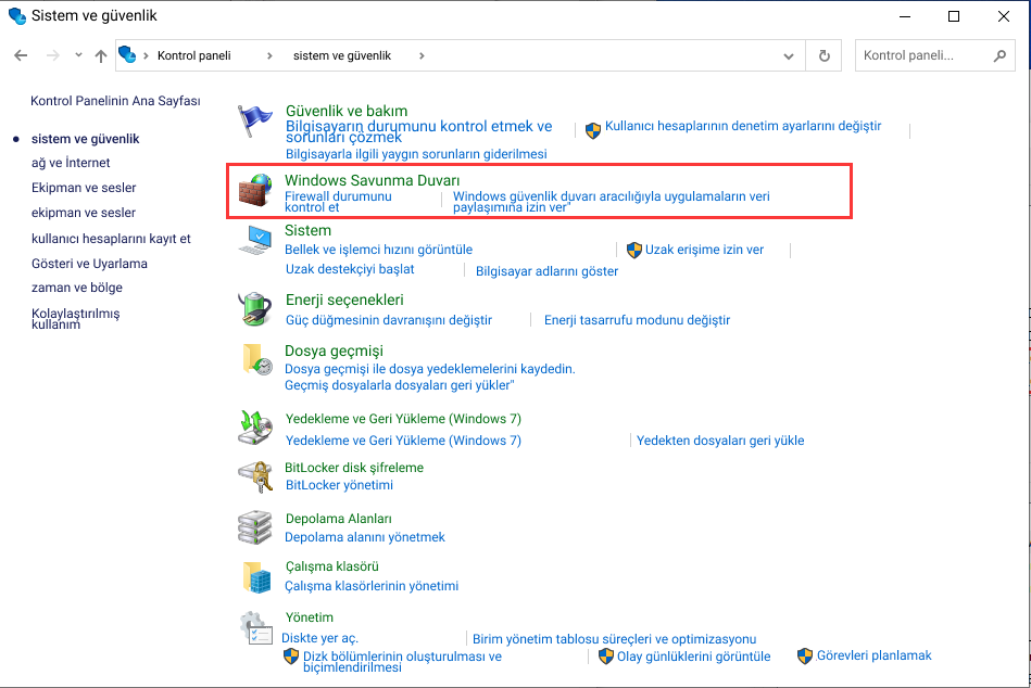 Windows Güvenlik Duvarı'na gitme