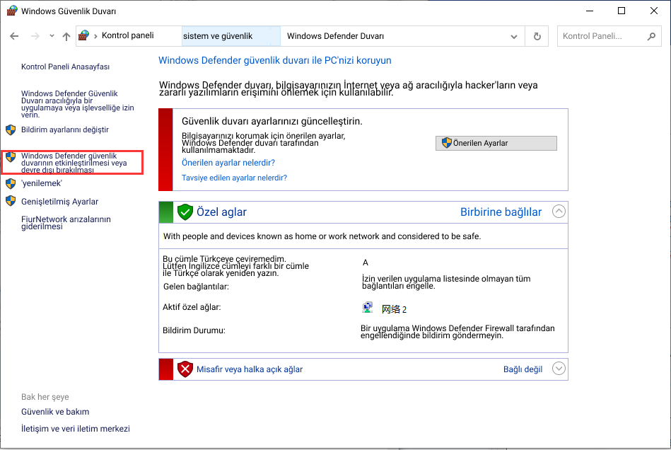 Windows Güvenlik Duvarını açma/kapatma