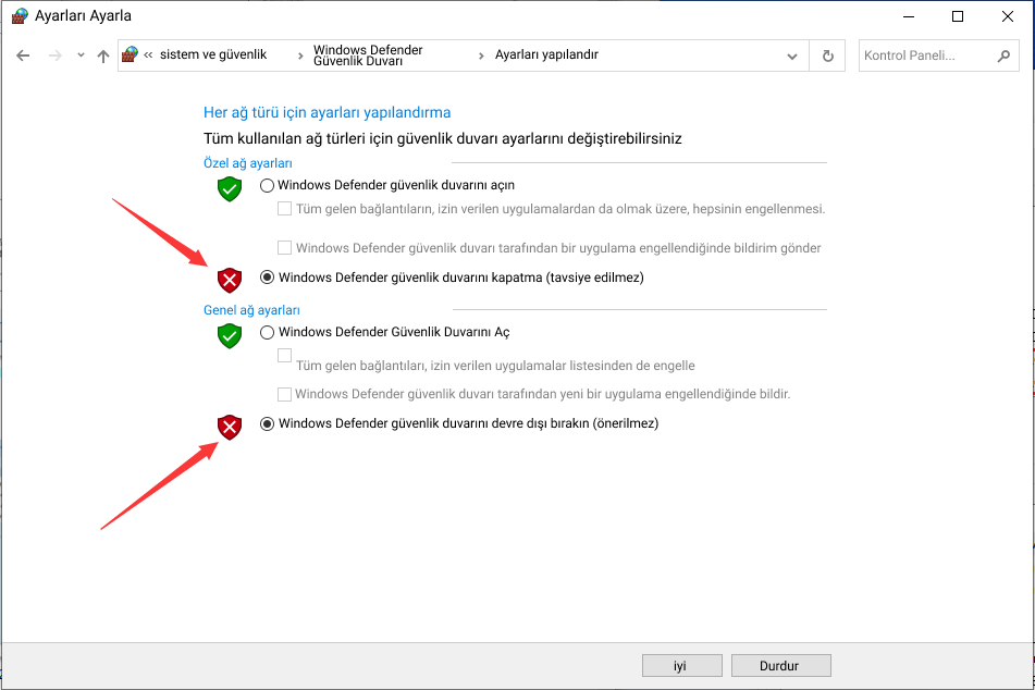 Windows Güvenlik Duvarını kapatma